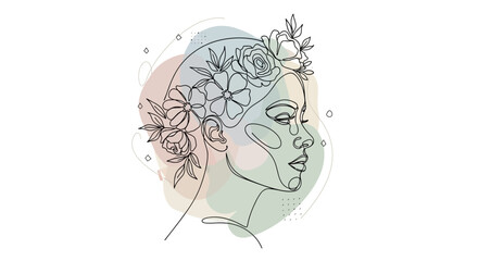 Elegant line art illustration of a woman adorned with flowers with soft pastel shapes backdrop