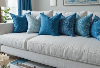 Contemporary Living Room with Varying Shapes of Blue Throw Pillows Creating a Serene Atmosphere