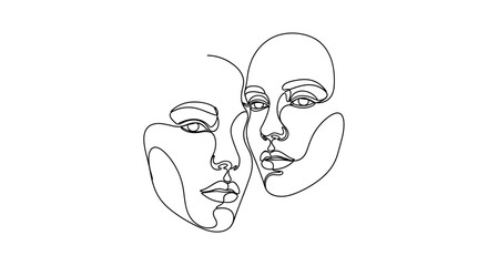 Elegant continuous line drawing of two female faces expressing beauty and connection minimalistic