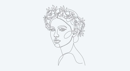 Elegant single line drawing of a woman with floral crown for artistic expression