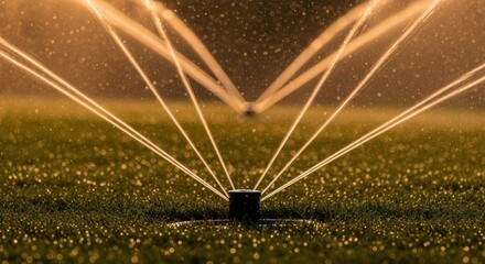 Dynamic water arcs spraying from a garden sprinkler watering green grass at sunset