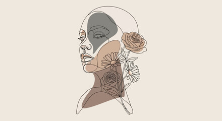 Elegant line art illustration featuring a woman's profile adorned with delicate flowers