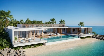 Fototapeta premium Stunning modern luxury villa with infinity pool on a tropical beachfront paradise
