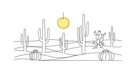 Minimalist desert landscape with cactus, sun, and rolling hills perfect for backgrounds