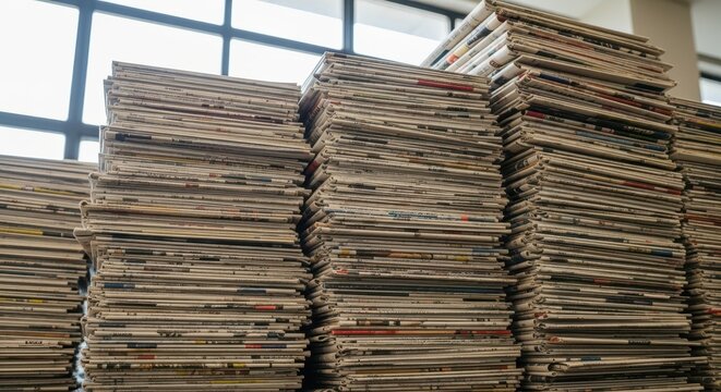 Towering piles of neatly stacked old newspapers and magazines representing news and information