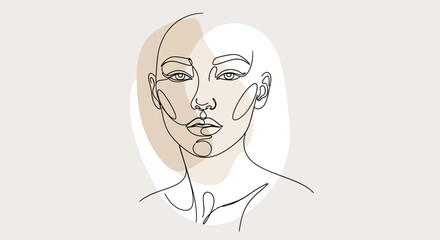 Elegant one line drawing of a woman's face with abstract background shapes and neutral tone palette