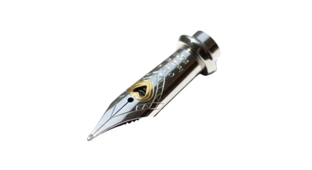 Closeup of a silver fountain pen nib isolated on transparent background, showcasing its intricate design and craftsmanship for writing and calligraphy