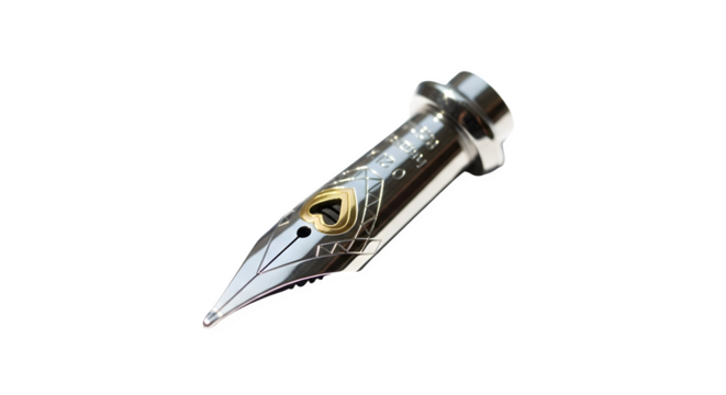 Closeup of a silver fountain pen nib isolated on transparent background, showcasing its intricate design and craftsmanship for writing and calligraphy - Powered by Adobe