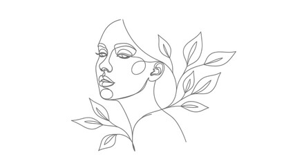 Elegant minimal line art featuring a woman's face adorned with botanical leaves nature