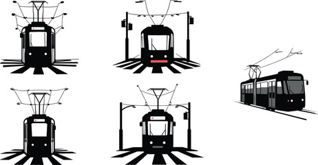 Tram silhouettes, streetcar illustration, railway transport, metro vector, city train, urban transportation, electric tram, public transport, travel design, commuter art