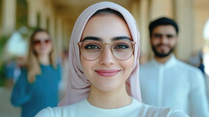 Group of happy smiling Muslim women wearing hijabs taking selfie photos together in the lobby of a hotel during their vacation getaway