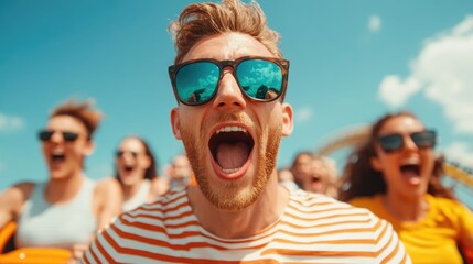 Joyful group of young adults captured mid scream during an exhilarating ride on a high speed roller coaster at an amusement park expressing pure excitement and unbridled enthusiasm