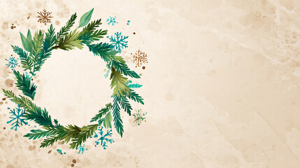 Festive Christmas wreath with snowflakes on artistic watercolor background, a holiday card design element. (节日氛围浓厚的圣诞花环，艺术水彩背景上有雪花，是节日贺卡的设计元素。)