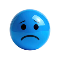 Fototapeta premium A glossy, blue sphere displays a sad facial expression with black eyes and a curved down mouth against a completely black background, highlighting a mood of melancholy or sadness.