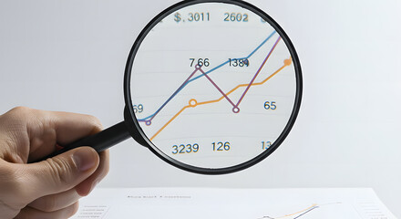Hand holding magnifying glass over financial graphs and charts  
