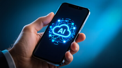 A hand holds a smartphone displaying a holographic AI Cloud Computing icon, symbolizing intelligent data storage and digital connectivity.