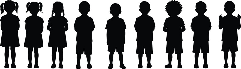 Silhouette of diverse children standing together, boys and girls group, childhood concept, kids unity, teamwork, friendship, education, outdoor play, family