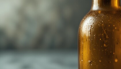 Close up of a cold brown glass bottle with condensation and many water droplets on its surface Blurred grey background