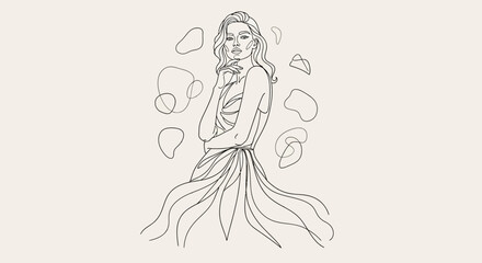 Elegant woman illustration in vintage style with organic shapes and flowing lines creating a