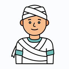Obraz premium Doodle illustration of an injured man with head and arm bandages, simple line vector character on white background