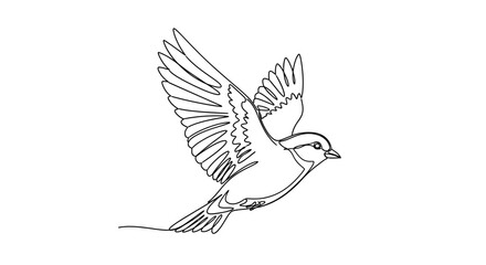 Elegant single line drawing of a flying sparrow, showcasing simplicity and nature's beauty