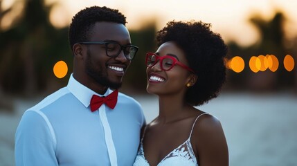 Elegant African couple dressed in formal attire sharing an intimate candlelit dinner together on a tropical beach at sunset  They are gazing into each other s eyes with expressions of love happiness
