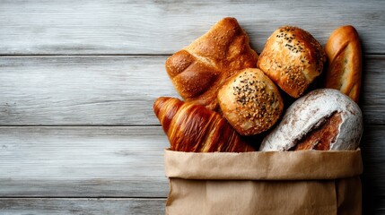 Assorted fresh bread and pastries in paper bag