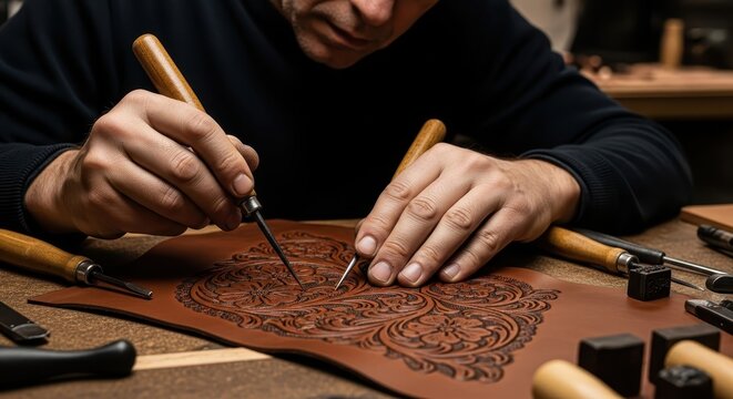 Close up of a craftsman hands tooling intricate patterns onto a piece of brown leather