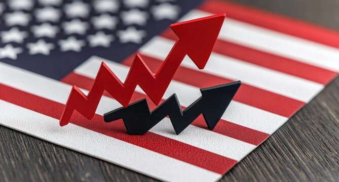 Red and black upward trend arrows on American flag - Powered by Adobe