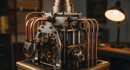 Fototapeta premium Intricate vintage steampunk automaton with polished copper pipes and visible gears