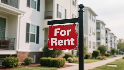 Obraz premium A 'For Rent' sign displayed in front of a row of apartment buildings on a residential street.