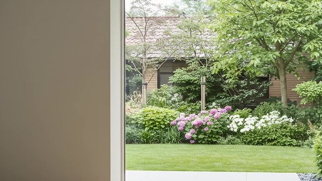 Beautiful Garden View Through Open Doorway.