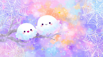 Playful Halloween ghosts on cute pastel background, a child-friendly spooky season graphic. (活泼的万圣节幽灵在可爱的粉彩背景上，是适合儿童的恐怖季节图形。)