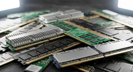 Heap of diverse computer RAM sticks and memory modules for electronic hardware