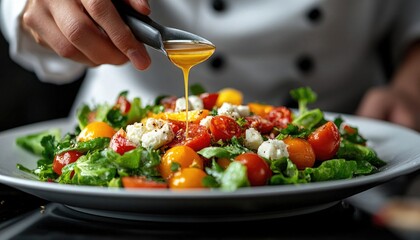Chef dressing fresh salad with tomatoes, greens, and feta cheese. Perfect for healthy eating, restaurant menus, or food blogs.