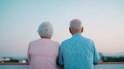 Elderly Muslim Grandparents Relaxing and Sharing a Peaceful Moment Together on a Hotel Balcony Overlooking the Serene Beach Sunset