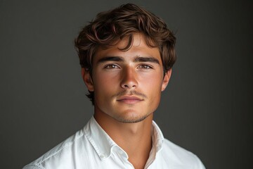 Handsome man with brown hair in white shirt poses against gray background. Ideal for portraits, fashion, lifestyle and dating website project use.