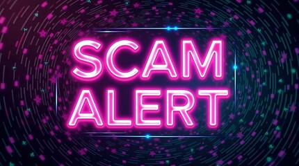 Obraz premium Vibrant neon sign reading 'SCAM ALERT' against a swirling background, conveying urgency and caution.