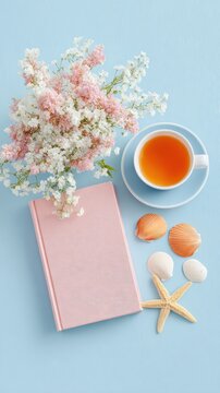 Cup of tea with pink flowers, shells and book on pastel blue background