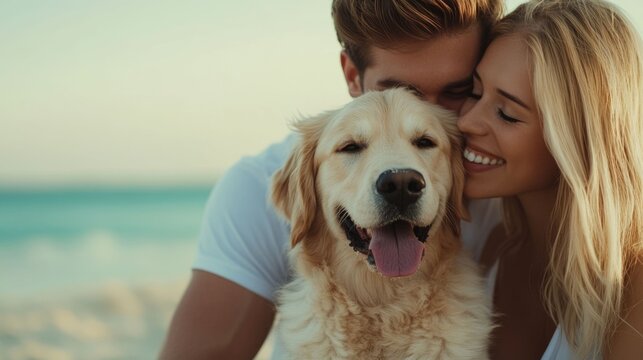 Affectionate Caucasian young couple cuddling and playing with their happy golden retriever on the sunny sandy shore - Powered by Adobe
