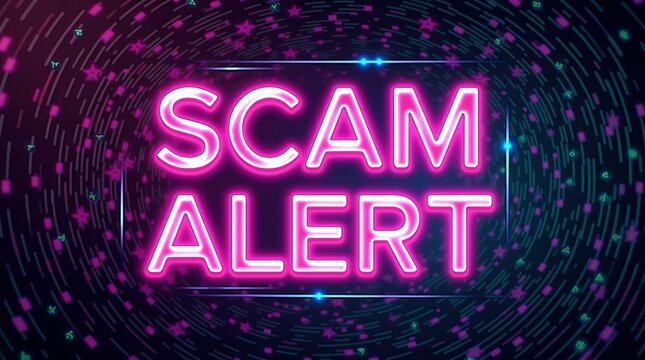 Vibrant neon sign reading 'SCAM ALERT' against a swirling background, conveying urgency and caution.