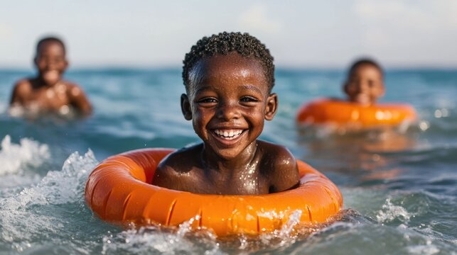 Joyful and energetic African children playing and splashing in the ocean waves while using inflatable rings capturing a carefree and vibrant moment of summer vacation and beachside recreation