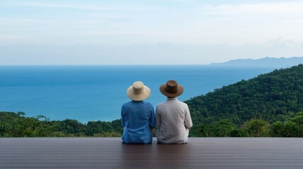 Elderly Asian couple sitting on the terrace of a private villa taking in the breathtaking panoramic view of the sparkling ocean and lush verdant landscape in the distance