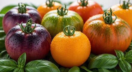 Dew kissed heirloom tomatoes in a vibrant array of colors, from deep purple to bright yellow, surrounded by fresh basil leaves