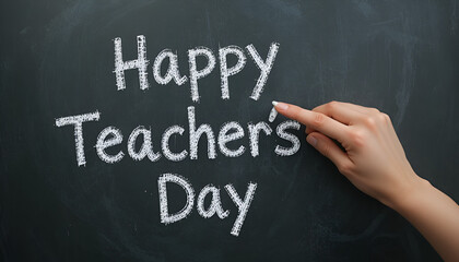 Fototapeta premium Happy teachers day message written in chalk on a dark chalkboard with a hand pointing