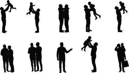 Silhouette of father with child, family bonding, dad lifting kid, parenting love, people together, fatherhood care, parent child relationship, illustration