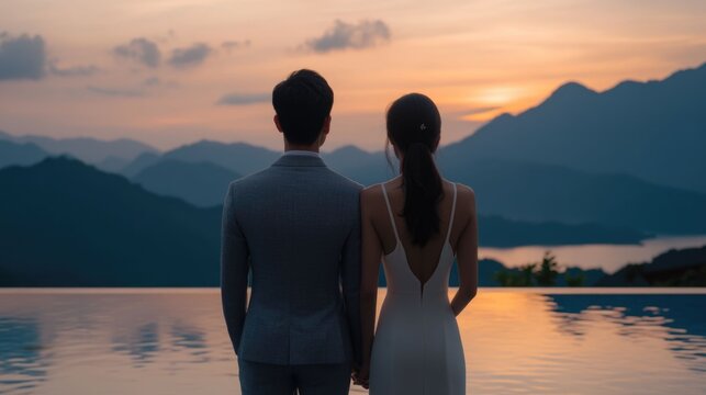 A couple enjoying a romantic poolside dinner during their honeymoon with a breathtaking sunset view of the mountains and lake in the background - Powered by Adobe