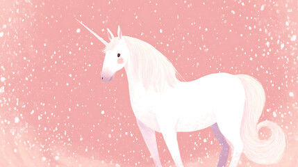 Whimsical birthday unicorn with sparkles on light pink background, a magical kids' celebration illustration. (奇幻的生日独角兽，淡粉色背景上闪烁着光芒，是充满魔力的儿童庆祝活动插画。)