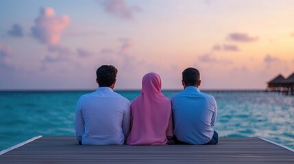 A group of friends sitting on a wooden dock or jetty overlooking a serene and picturesque sunset over the calm ocean waters  They are enjoying a dinner together at a floating restaurant