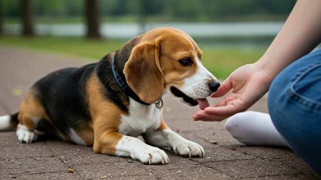 Beagle dog lying down and eating a treat from a persons hand